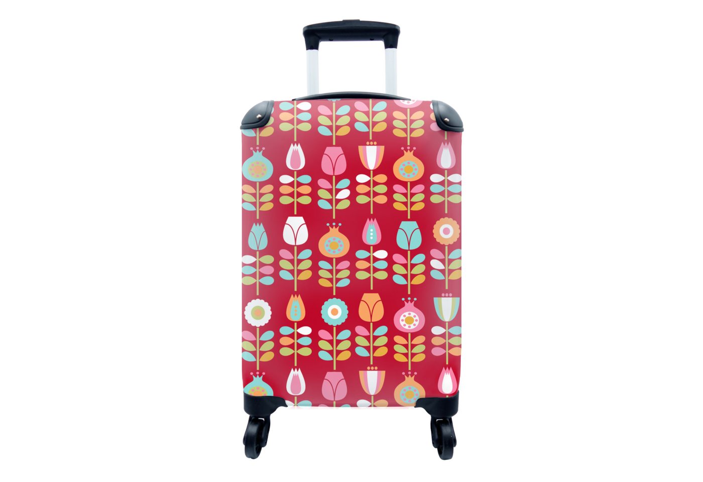 MuchoWow Handgepäckkoffer Muster - Blumen - Retro - Rot, 4 Rollen, Reisetasche mit rollen, Handgepäck für Ferien, Trolley, Reisekoffer von MuchoWow