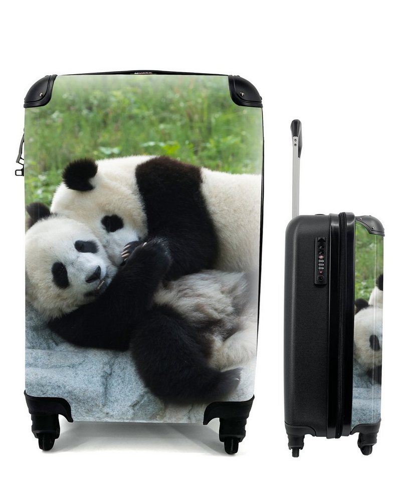 MuchoWow Handgepäckkoffer Pandas - Gras - Stein, 4 Rollen, Reisetasche mit rollen, Handgepäck für Ferien, Trolley, Reisekoffer von MuchoWow