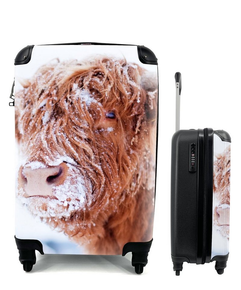 MuchoWow Handgepäckkoffer Schottischer Highlander - Schnee - Braun, 4 Rollen, Reisetasche mit rollen, Handgepäck für Ferien, Trolley, Reisekoffer von MuchoWow