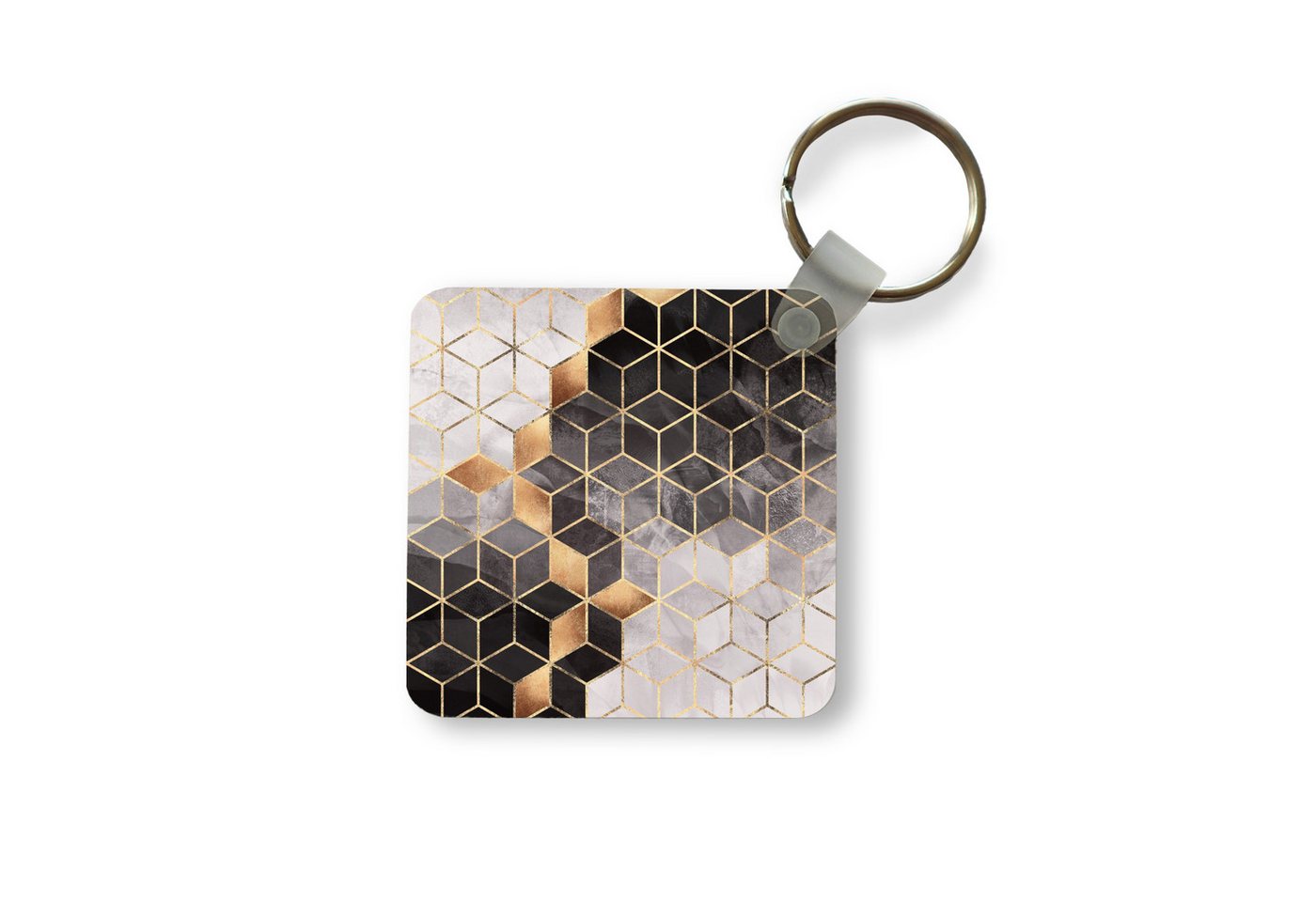 MuchoWow Schlüsselanhänger Abstrakt - Würfel - Gold - Muster - Schwarz - Weiß, Quadratisch, Accessoire Auto / Haus / Rucksack / Handtasche, 5x5 cm von MuchoWow