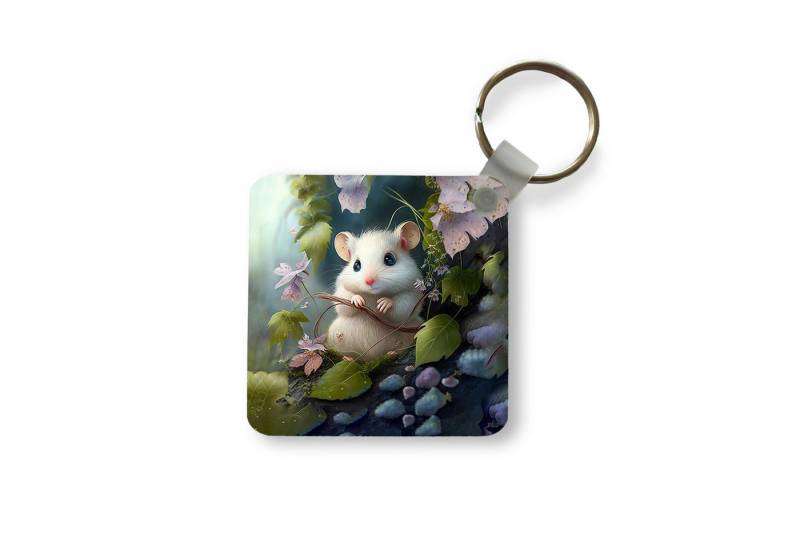 MuchoWow Schlüsselanhänger Maus - Wald - Blumen - Illustration - Waldtiere, Quadratisch, Accessoire Auto / Haus / Rucksack / Handtasche, 5x5 cm von MuchoWow