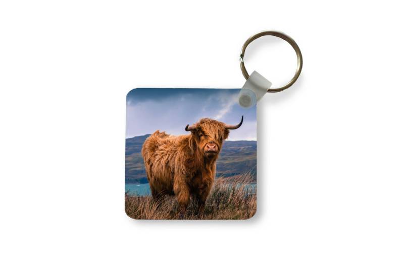 MuchoWow Schlüsselanhänger Schottischer Highlander - Berg - Wasser - Natur - Kuh, Quadratisch, Accessoire Auto / Haus / Rucksack / Handtasche, 5x5 cm von MuchoWow