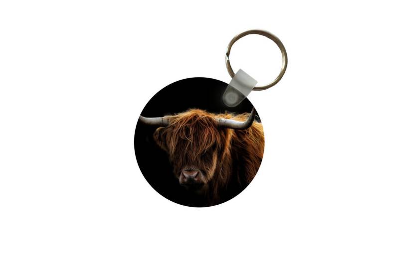MuchoWow Schlüsselanhänger Schottischer Highlander - Hörner - Schwarz - Tiere - Natur - Wild - Ku, Rund, Geschenk für Damen / Herren / Kinder mit Schlüsselring, 5x5 cm von MuchoWow