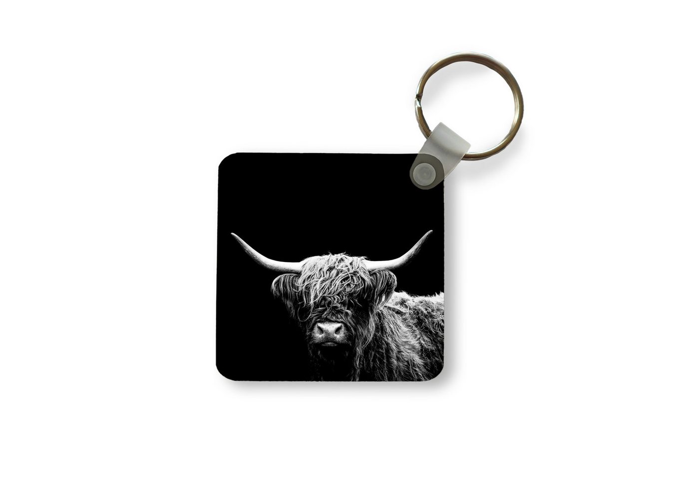 MuchoWow Schlüsselanhänger Schottischer Highlander - Kuh - Schwarz - Weiß - Tiere, Quadratisch, Accessoire Auto / Haus / Rucksack / Handtasche, 5x5 cm von MuchoWow