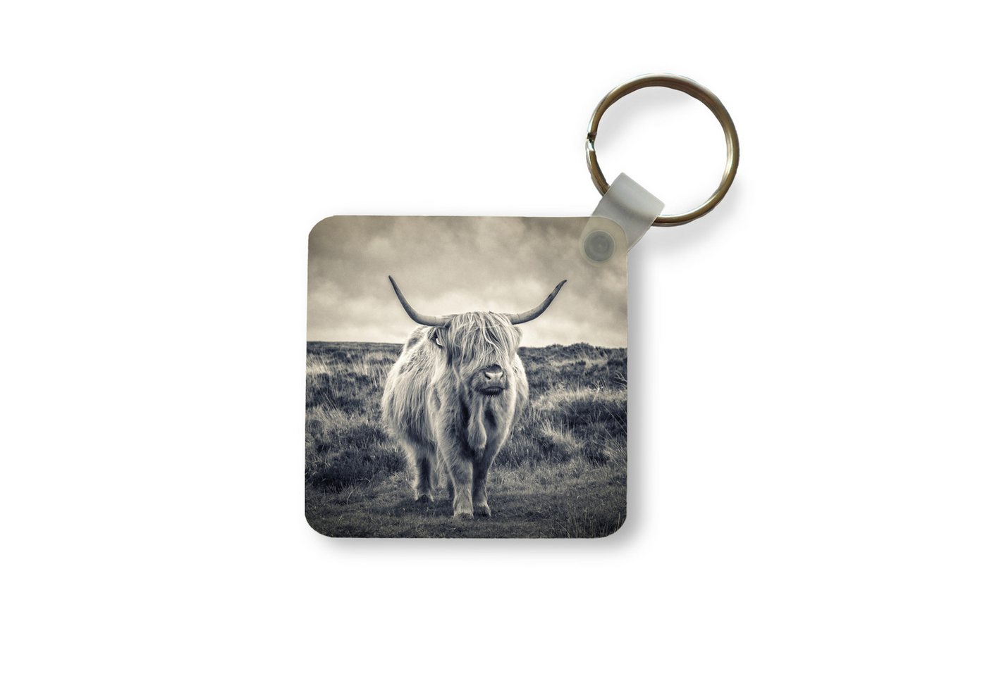 MuchoWow Schlüsselanhänger Schottischer Hochländer - Tiere - Wolken - Kuh - Natur, Quadratisch, Accessoire Auto / Haus / Rucksack / Handtasche, 5x5 cm von MuchoWow