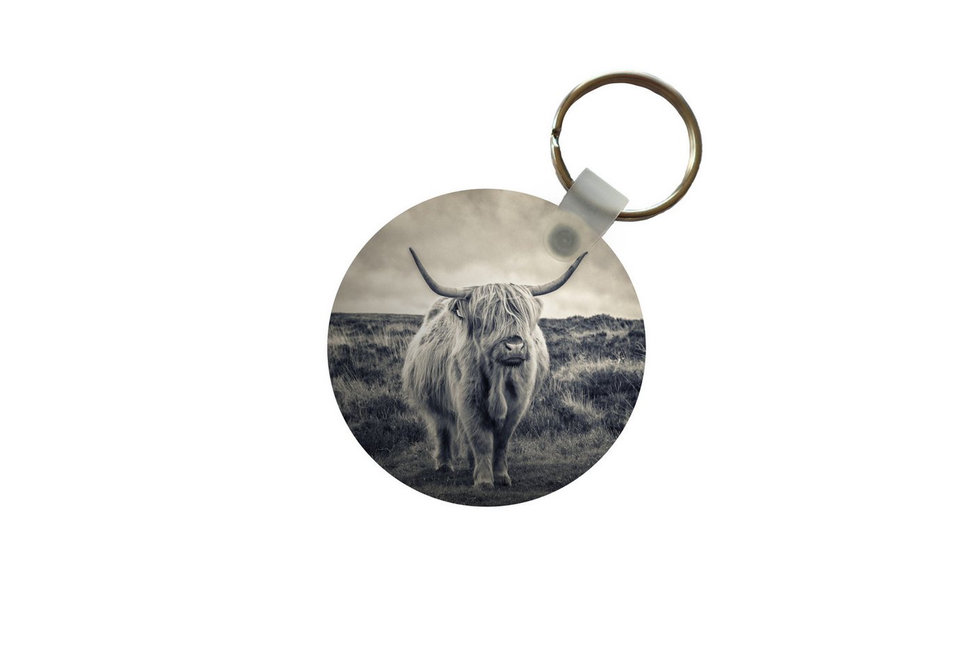 MuchoWow Schlüsselanhänger Schottischer Hochländer - Tiere - Wolken - Kuh - Natur, Rund, Geschenk für Damen / Herren / Kinder mit Schlüsselring, 5x5 cm von MuchoWow