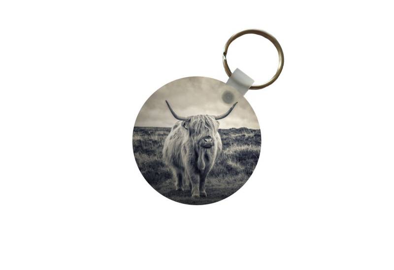 MuchoWow Schlüsselanhänger Schottischer Hochländer - Tiere - Wolken - Kuh - Natur, Rund, Geschenk für Damen / Herren / Kinder mit Schlüsselring, 5x5 cm von MuchoWow