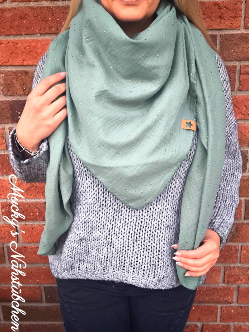 Xxl Musselintuch Schal in Altgrün, Eukalyptus, Mint Mit Silbernen Punkten Ca.135 X 135 cm von MuckysNaehstuebchen