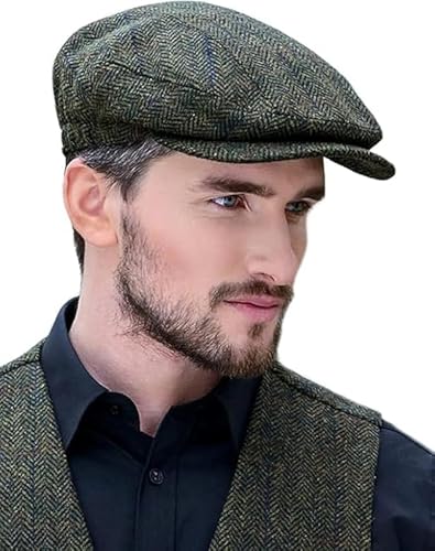 Mucros Weavers Kerry Cap Irish Hat für Herren Fischgrätenwolle, Grünes Fischgrätmuster, X-Large von Mucros Weavers