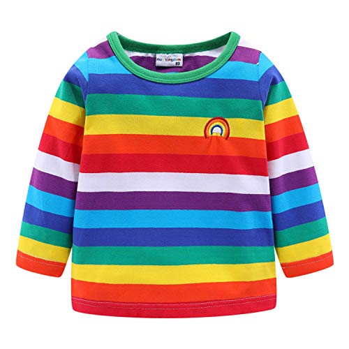 Mud Kingdom Grün T-Shirt Jungen Langarm Rundhalsausschnitt T-Shirts Für Kleinkindjunge Regenbogen Streifen Oberteile Regenbogen Aufnäher 4 Jahre von Mud Kingdom