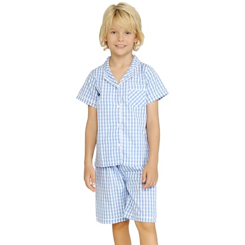 Mud Kingdom Kinder Pyjamas 2 Teil Set Kariert Knopf Vorne Nachtwässe für Kleiner Junge Kurzarm Nachtwässe Blau 6 Jahre von Mud Kingdom