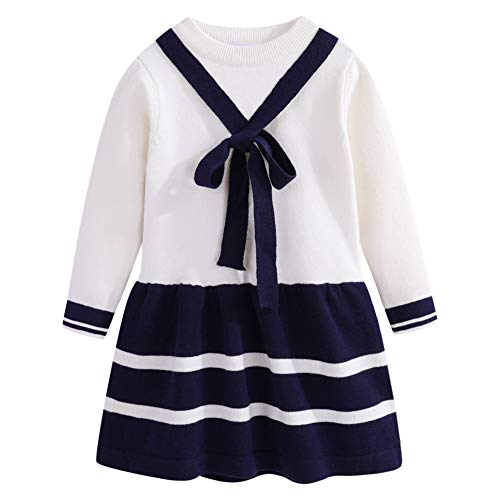 Mud Kingdom Kleine Mädchen Baumwolle Strickklei Langarm Winter Herbst Rundhals Pullover Kleid Streifen Basic Freizeitkleid mit Schleife Marineblau 7-8 Jahre von Mud Kingdom