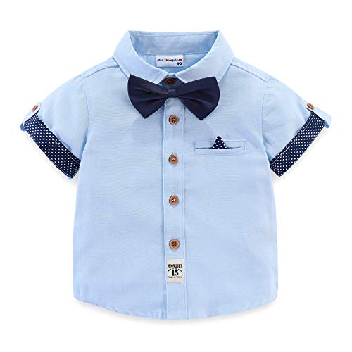 Mud Kingdom Kleinkinder Jungen Hemd mit verstellbarem Krawattenschleife Kurze Ärmel Hemden für Jungen Polka Dot Kragen Oberteile Blau 4 Jahre von Mud Kingdom