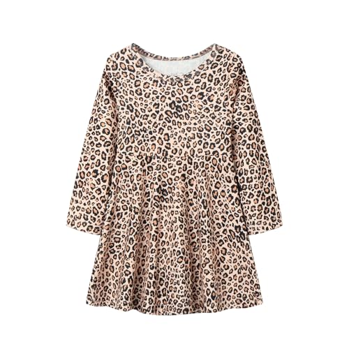 Mud Kingdom Mädchen Langarmkleid Rundhals Schlittschuhkleider Für Kleine Mädchen Leoparden-Print Schwingkleid Beige 6 Jahre von Mud Kingdom