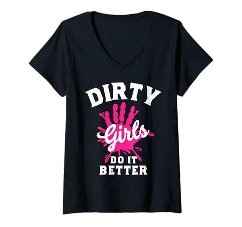 Damen Mud Run Damen Dirty Girls Running Muddy Race Off Road T-Shirt mit V-Ausschnitt von Mud Run Gear Women Team