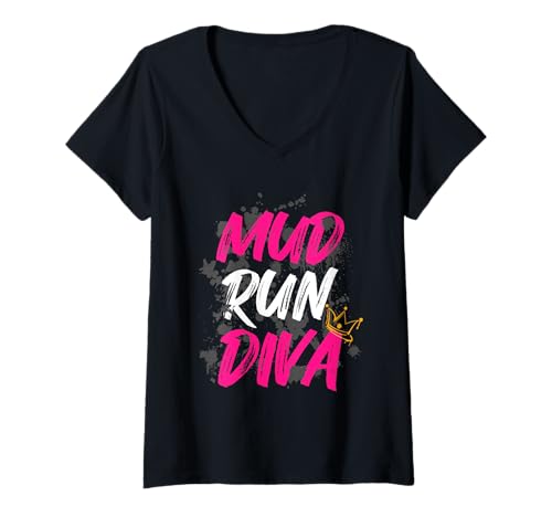 Damen Mud Run Diva Muddy Race Schlammlauf Mud Run T-Shirt mit V-Ausschnitt von Mud Run Marathon Outfits Schlammlauf Designs