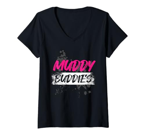 Damen Muddy Buddies Muddy Race Schlammlauf Mud Run T-Shirt mit V-Ausschnitt von Mud Run Marathon Outfits Schlammlauf Designs