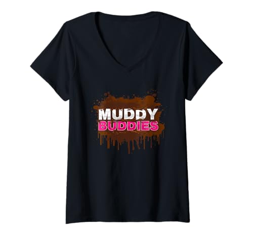 Damen Muddy Buddies Muddy Race Schlammlauf Mud Run T-Shirt mit V-Ausschnitt von Mud Run Marathon Outfits Schlammlauf Designs