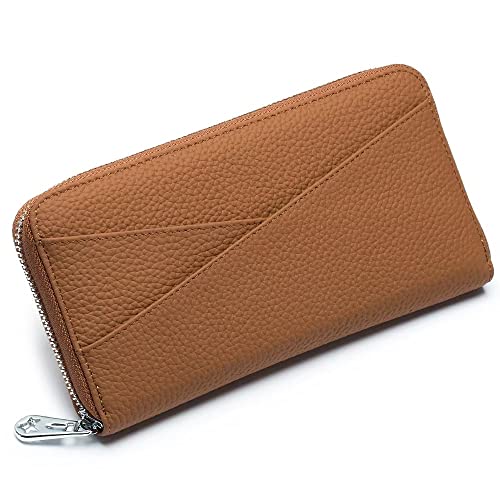 Mudono Damen Geldbörse Echtes Leder RFID Blocking Kreditkartenetui Elegante Clutch Geldbörse Reise Telefon Brieftasche mit ID Fenster, Braun, Minimalistisch von Mudono