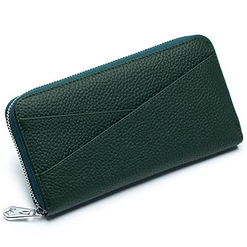 Mudono Damen Geldbörse Echtes Leder RFID Blocking Kreditkartenetui Elegante Clutch Geldbörse Reise Telefon Brieftasche mit ID Fenster, Dunkelgrün, Minimalistisch von Mudono