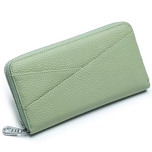 Mudono Damen Geldbörse Echtes Leder RFID Blocking Kreditkartenetui Elegante Clutch Geldbörse Reise Telefon Brieftasche mit ID Fenster, Hellgrün, Minimalistisch von Mudono