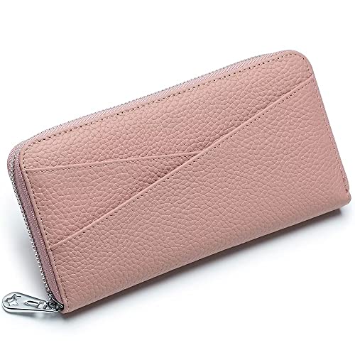 Mudono Damen Geldbörse Echtes Leder RFID Blocking Kreditkartenetui Elegante Clutch Geldbörse Reise Telefon Brieftasche mit ID Fenster, Pink, Minimalistisch von Mudono