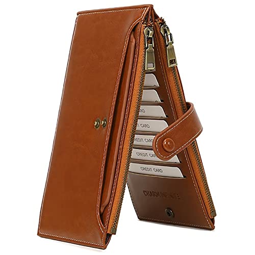 Mudono Schlanke Geldbörse für Frauen RFID Blockierung Multi Kreditkartenhalter Vintage Clutch Geldbörse Anti-Diebstahl Reise Telefon Geldbörse Brieftasche, Braun, M, Retro von Mudono