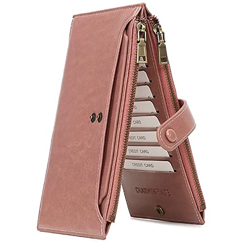 Mudono Schlanke Geldbörse für Frauen RFID Blockierung Multi Kreditkartenhalter Vintage Clutch Geldbörse Anti-Diebstahl Reise Telefon Geldbörse Brieftasche, Pink, M, Retro von Mudono