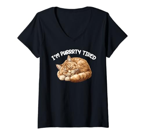 Damen I'm Purrrty Tired Schläfrige Katze Erschöpfung Humor - T-Shirt mit V-Ausschnitt Damen I'm Purrrty Tired Schläfrige Katze Erschöpfung Humor - T-Shirt mit V-Ausschnitt von Müder Katzenhumor