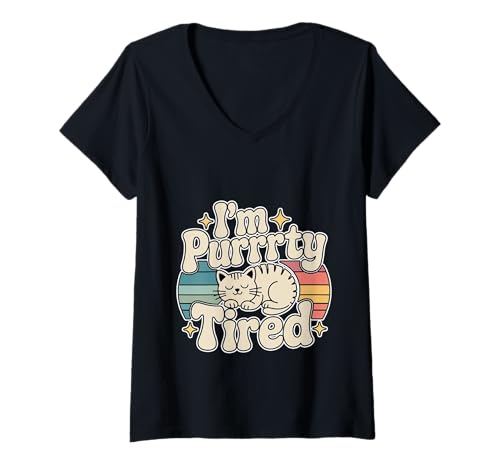 Damen I'm Purrrty Tired Schläfrige Katze Erschöpfung Humor --- T-Shirt mit V-Ausschnitt Damen I'm Purrrty Tired Schläfrige Katze Erschöpfung Humor --- T-Shirt mit V-Ausschnitt von Müder Katzenhumor