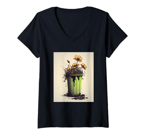 Damen Müll Pflanzen Verschmutzung Umwelt Klima Klimaschutz Blumen T-Shirt mit V-Ausschnitt Damen Müll Pflanzen Verschmutzung Umwelt Klima Klimaschutz Blumen T-Shirt mit V-Ausschnitt von Müll Pflanzen Verschmutzung Umwelt Klima