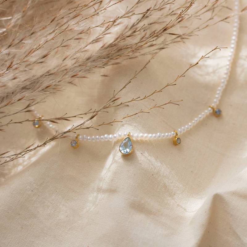 Perlenkette Mit Blautopas Edelsteinen Süßwasserperlenkette 585 Gelbgold 14 Karat Hochzeit Filigraner Perlenschmuck von MuellerCollection