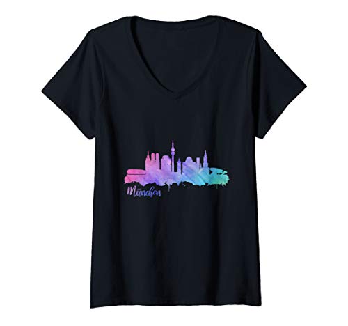 Damen München Skyline Deutschland Watercolor Style T-Shirt mit V-Ausschnitt von München Skyline Aquarell Shirts