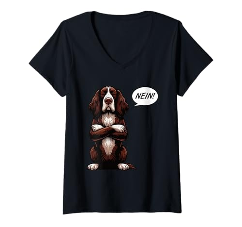 Damen Nein Münsterländer Münsterländerbesitzer Münsterländerhund T-Shirt mit V-Ausschnitt von Münsterländerhalter Motiv Kleiner Münsterländer