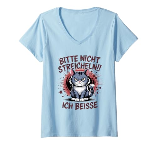 Damen Nicht Streicheln Cat Katze T-Shirt mit V-Ausschnitt von Mürrische Katzenhumor Haustierliebhaber lustig