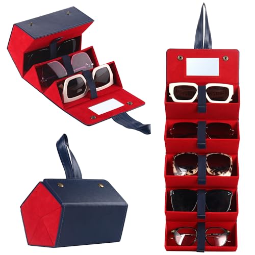 Muf 5-Fach-Sonnenbrillenetui-Organizer in Nachtblau: Verbessertes Design mit Spiegel und Riemen, geeignet für mehrere Paare und übergroße Sonnenbrillen - tragbar auf Reisen von Muf