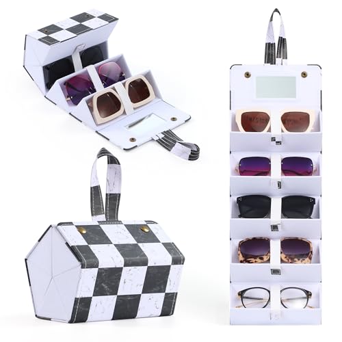 Muf Reise-Sonnenbrillen-Organizer, 5 Fächer, Sonnenbrillenetui für mehrere Sonnenbrillen, Anzug für übergroße Sonnenbrille, Leder-Brillenetui mit Spiegel und Gurt für Damen und Herren, schwarz-weiß von Muf
