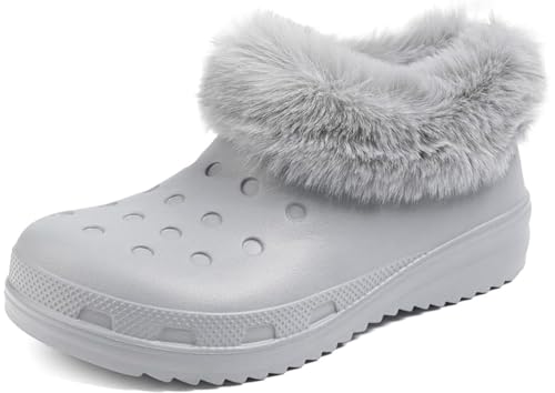 Mufanton Clogs Gefüttert Damen Warm Hausschuhe Gartenclogs Pantoffeln Plüsch Slider Lined Winter Clogs Outdoor Winterschuhe Gartenschuhe,Grau,EU38 von Mufanton