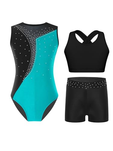 Mufeng 3 Stück Mädchen Turnanzug Glitzer Gymnastikanzug mit Kurzer Hose Sport BH Crop Tops Ärmellos Ballettanzug Gymnastik Leotard Tanzkleidung A Blau Grün 146-152 von Mufeng