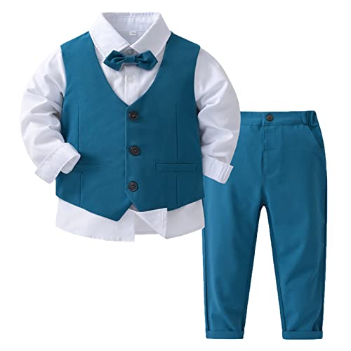 Mufeng 4 Stück Kinder Jungen Bekleidungsset Gentleman Smoking Anzug Langarm Hemd + Weste + Hosen + Fliege Hochzeit Taufe Festliche Kleidung Blau 122-128 von Mufeng