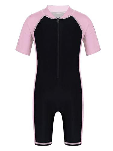 Mufeng Kinder Mädchen Badeanzug Einteiler Bademode Kurzarm Schwimmanzug mit Bein Neoprenanzug UV Schutz Schwimmen Badebekleidung A Rosa Schwarz B 122-128 von Mufeng