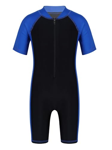 Mufeng Kinder Mädchen Badeanzug Einteiler Bademode Kurzarm Schwimmanzug mit Bein Neoprenanzug UV Schutz Schwimmen Badebekleidung A Blau Schwarz B 152-164 von Mufeng