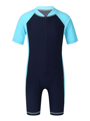 Mufeng Kinder Mädchen Badeanzug Einteiler Bademode Kurzarm Schwimmanzug mit Bein Neoprenanzug UV Schutz Schwimmen Badebekleidung A Marineblau Himmelblau B 152-164 von Mufeng