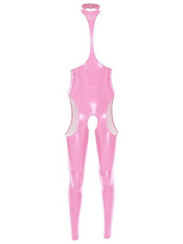 Mufeng Body Halter Ohne Ärmel Damen Lingerie Lackleder Bodysuit Nackte Brust Babydoll Jumpsuit Mit Offenem Schritt Karnevalskostüm Party Clubwear Rosa 4XL von Mufeng