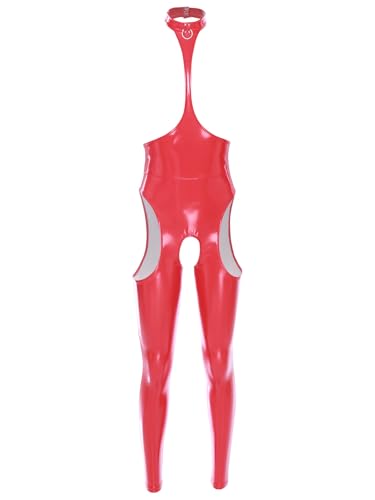 Mufeng Body Halter Ohne Ärmel Damen Lingerie Lackleder Bodysuit Nackte Brust Babydoll Jumpsuit Mit Offenem Schritt Karnevalskostüm Party Clubwear Rot 4XL von Mufeng