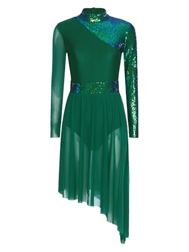 Mufeng Damen Ballettkleid Glänzend Pailletten Eiskunstlauf Kleid Langarm Rollschuhkleid mit Asymmetrisch Rock Lyrisch Tanzkleid Grün M von Mufeng
