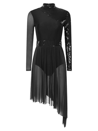 Mufeng Damen Ballettkleid Glänzend Pailletten Eiskunstlauf Kleid Langarm Rollschuhkleid mit Asymmetrisch Rock Lyrisch Tanzkleid Schwarz S von Mufeng