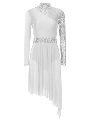 Mufeng Damen Ballettkleid Glänzend Pailletten Eiskunstlauf Kleid Langarm Rollschuhkleid mit Asymmetrisch Rock Lyrisch Tanzkleid Weiß M von Mufeng