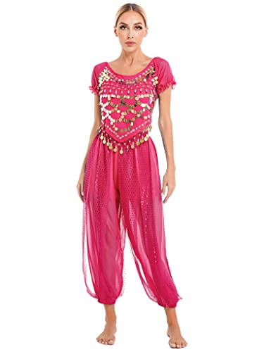 Mufeng Damen Bauchtanz Kostüm Arabien 1001 Nacht Mützen Oberteil Haremshose Indische Set Cosplay Fasching Karneval Tanzkostüm A Hell Rosa XL von Mufeng