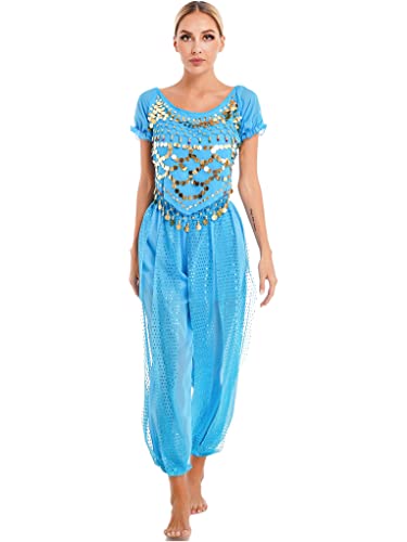 Mufeng Damen Bauchtanz Kostüm Arabien 1001 Nacht Mützen Oberteil Haremshose Indische Set Cosplay Fasching Karneval Tanzkostüm A Himmel Blau M von Mufeng